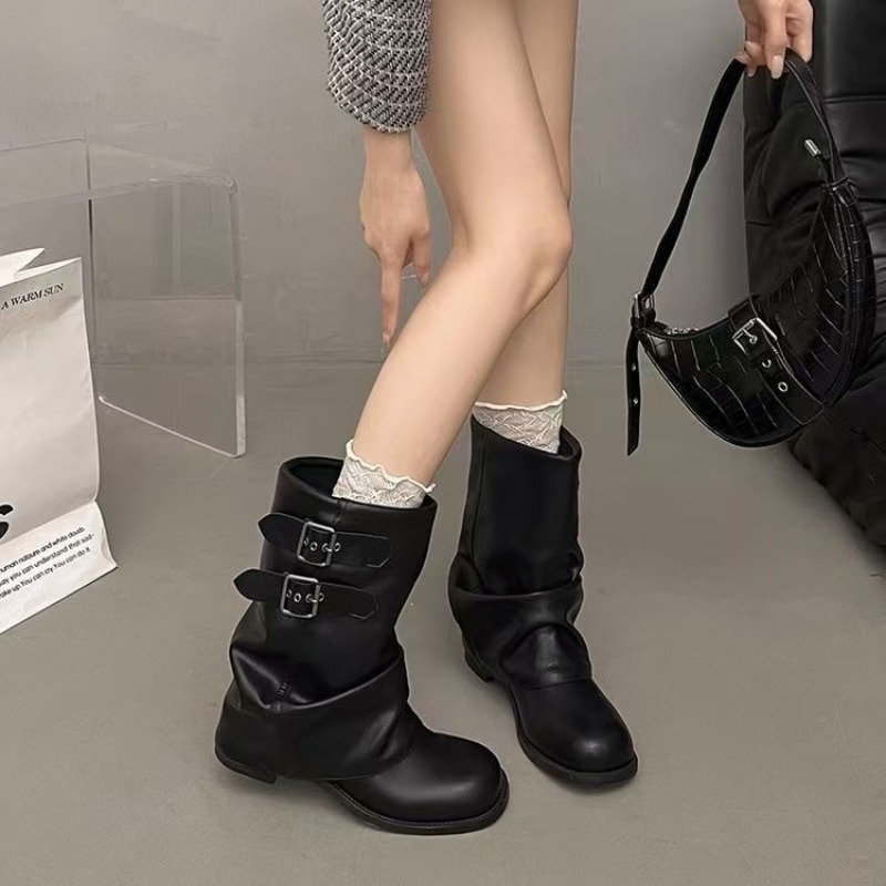 Boot Sock Slouchy - 여성용 블랙 슬라우치 미드 카프 부츠,