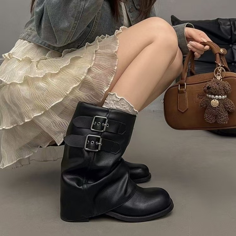 여성용 블랙 슬라우치 미드 카프 부츠, 더블 버클 장식 - Boot Sock Slouchy 리뷰 및 가격